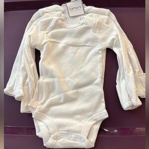 3 Piece BRAND NEW Carter’s White Long Sleeve Baby Onesies with Hand Covers